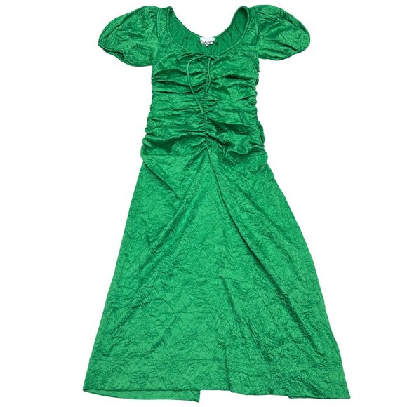 Ganni Ruched Crinkled Satin Midi Dress Women's Bright Green, Size 36 (US 4) NWOT - Picture 1 of 9